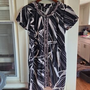 Alfani Black & Cream Beaded Zip Front Shirt Dress Size 4 Pockets Workwear Chic